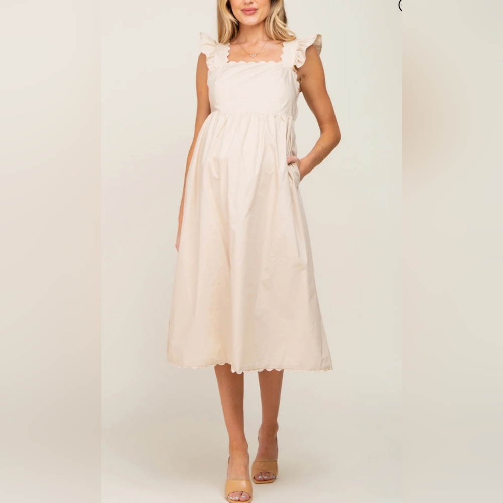 PINKBLUSH Beige Scallop Flutter Sleeve Maternity Midi Cream Size: Medium